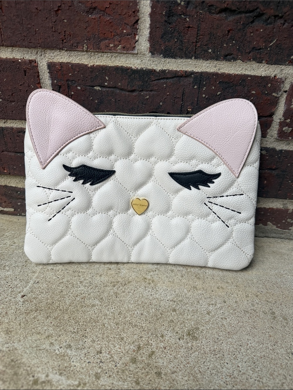 White & Pink Cat Quilted Cosmetic Pouch